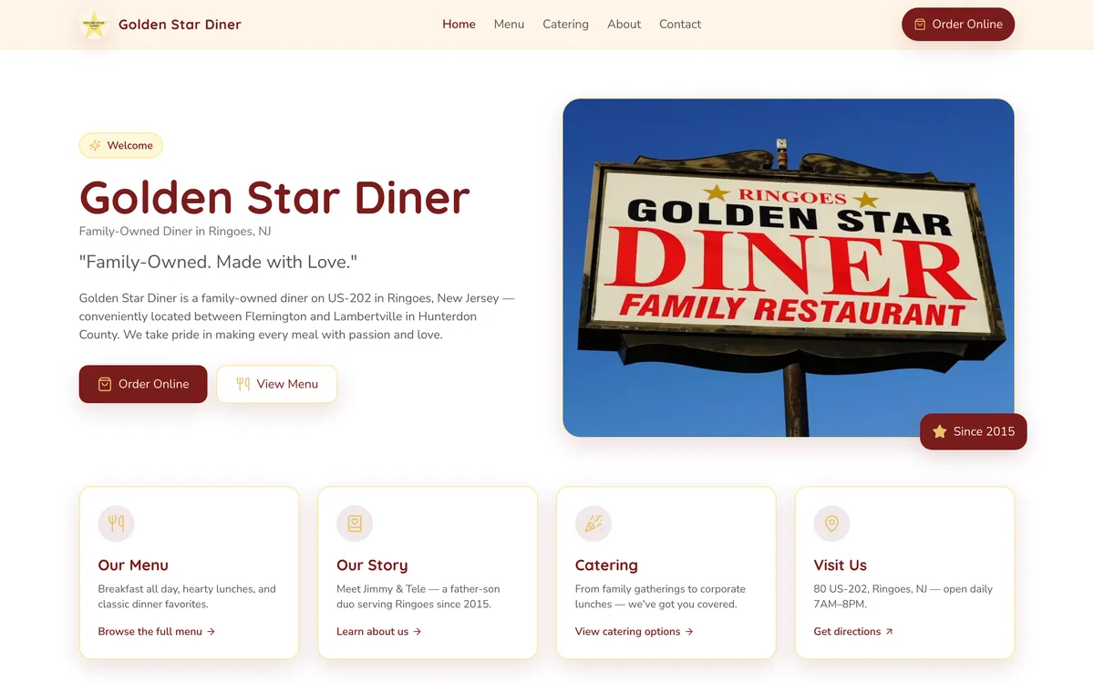 Golden Star Diner website homepage