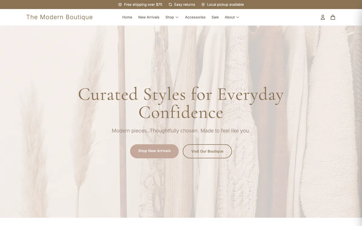 The Modern Boutique concept website homepage